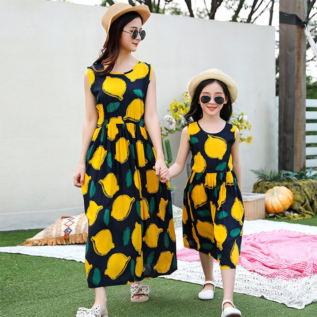 Family Matching Dress Lemon Print Sleeveless Maxi Dress for Mommy and Me - ChildAngle