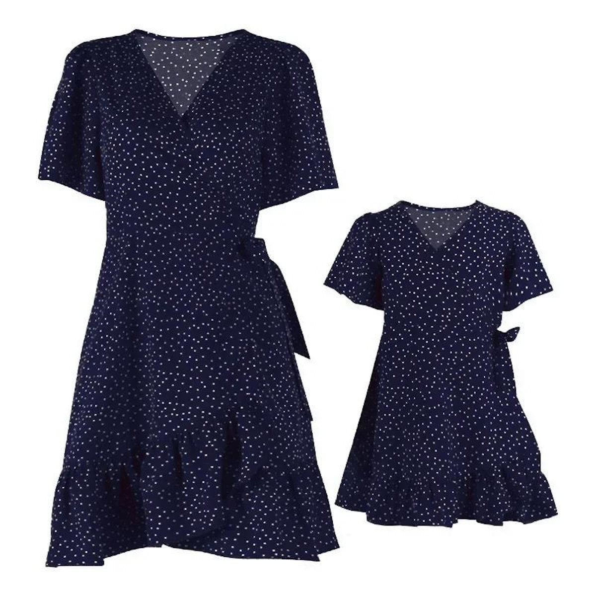 Matching Family Outfits Mother Daughter Short Sleeve Polka Dot Wrap Dress - ChildAngle