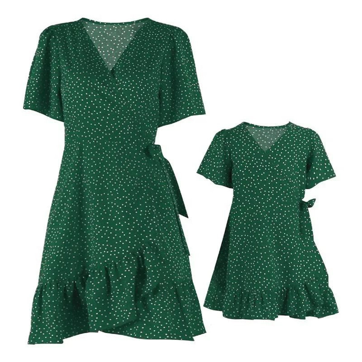 Matching Family Outfits Mother Daughter Short Sleeve Polka Dot Wrap Dress - ChildAngle