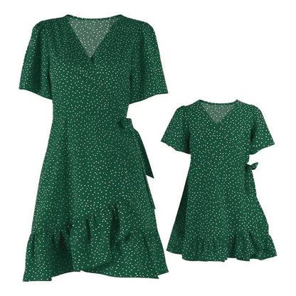 Matching Family Outfits Mother Daughter Short Sleeve Polka Dot Wrap Dress - ChildAngle