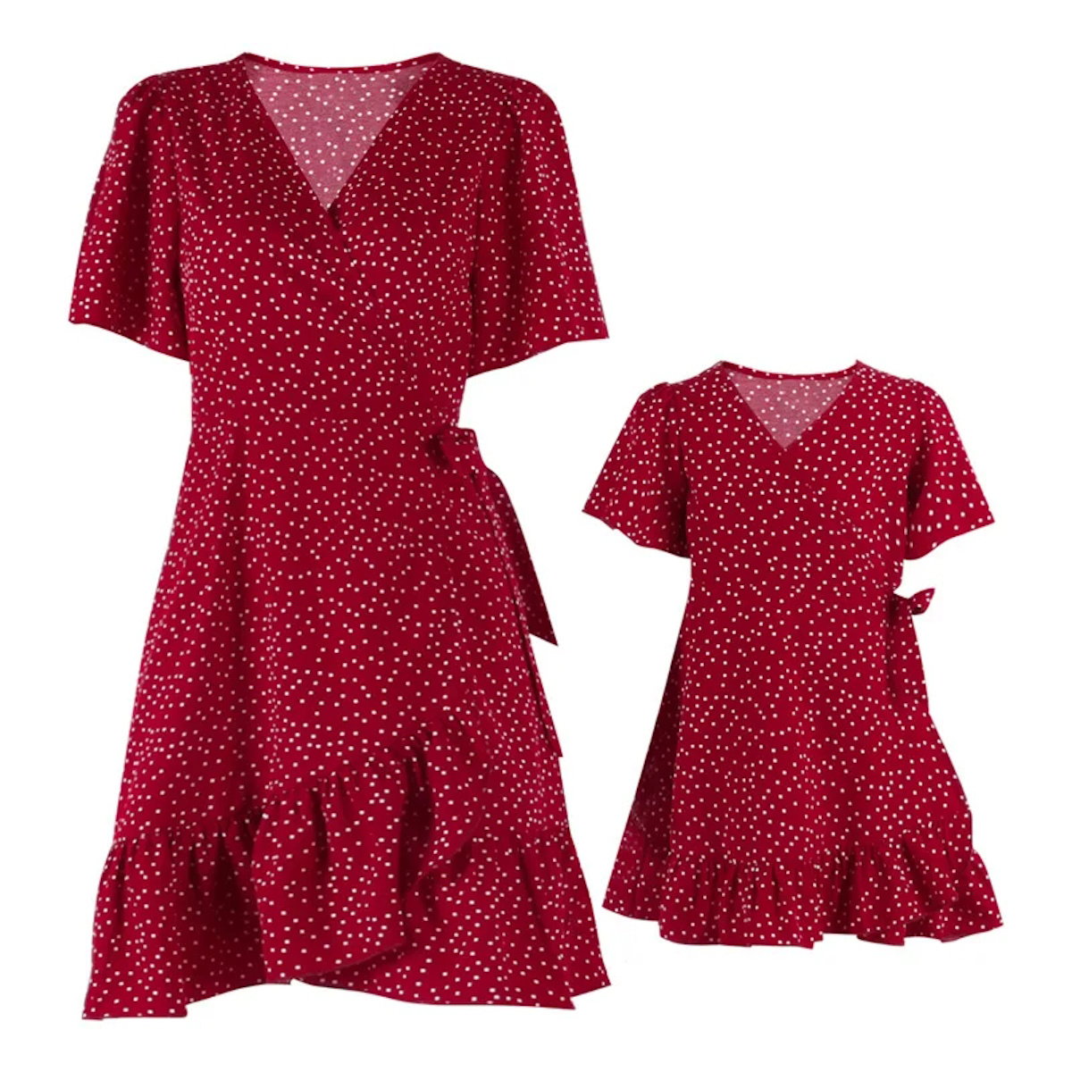 Matching Family Outfits Mother Daughter Short Sleeve Polka Dot Wrap Dress - ChildAngle