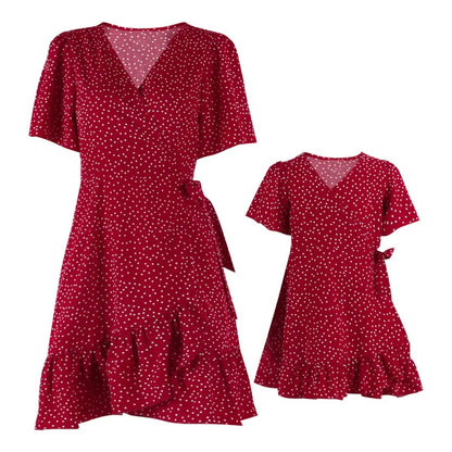 Matching Family Outfits Mother Daughter Short Sleeve Polka Dot Wrap Dress - ChildAngle