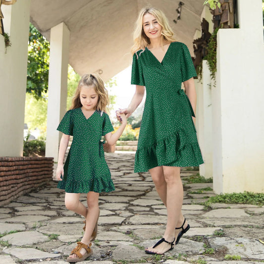 Matching Family Outfits Mother Daughter Short Sleeve Polka Dot Wrap Dress - ChildAngle