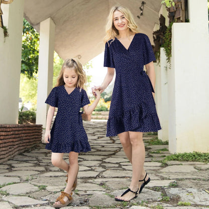 Matching Family Outfits Mother Daughter Short Sleeve Polka Dot Wrap Dress - ChildAngle