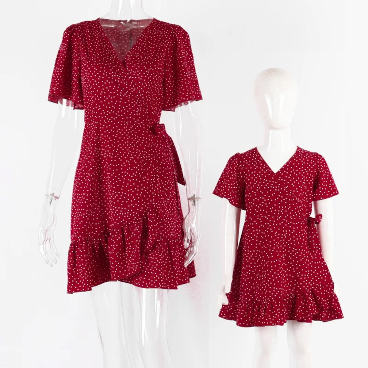 Matching Family Outfits Mother Daughter Short Sleeve Polka Dot Wrap Dress - ChildAngle