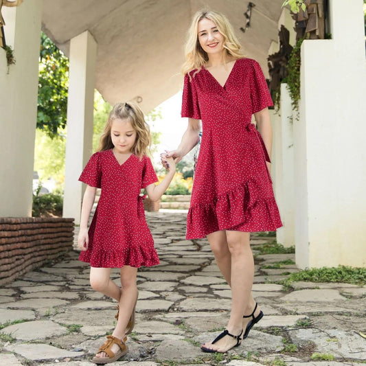 Matching Family Outfits Mother Daughter Short Sleeve Polka Dot Wrap Dress - ChildAngle