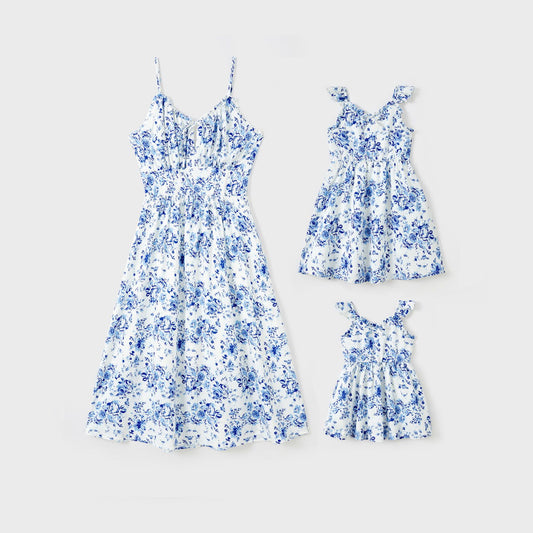 Mommy and Me Blue Floral Ruched Strap Dress - ChildAngle