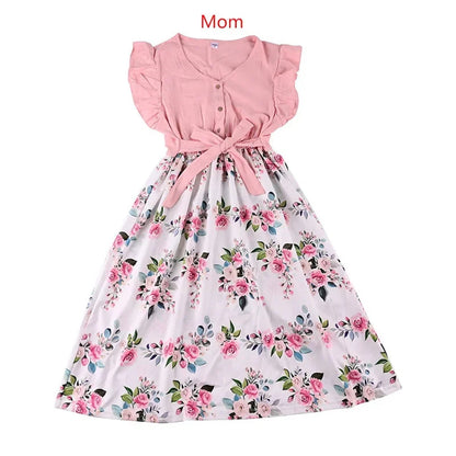 Mommy and Me Dress Summer Floral Midi Dresses Waist Tie Flutter Sleeve Dress for Mom and Daughter - ChildAngle