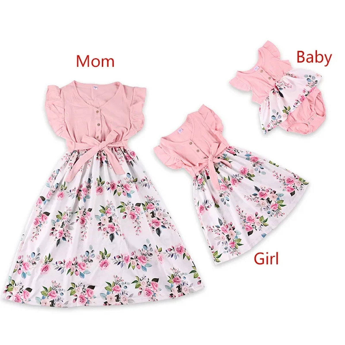 Mommy and Me Dress Summer Floral Midi Dresses Waist Tie Flutter Sleeve Dress for Mom and Daughter - ChildAngle