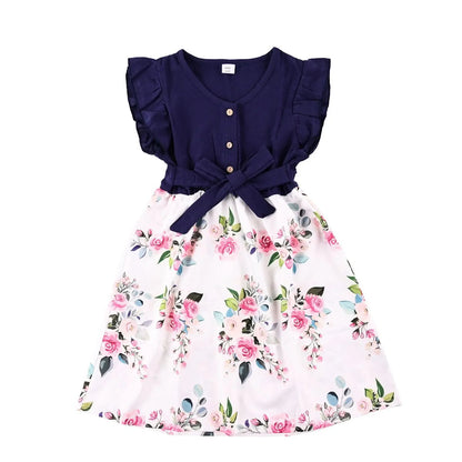 Mommy and Me Dress Summer Floral Midi Dresses Waist Tie Flutter Sleeve Dress for Mom and Daughter - ChildAngle