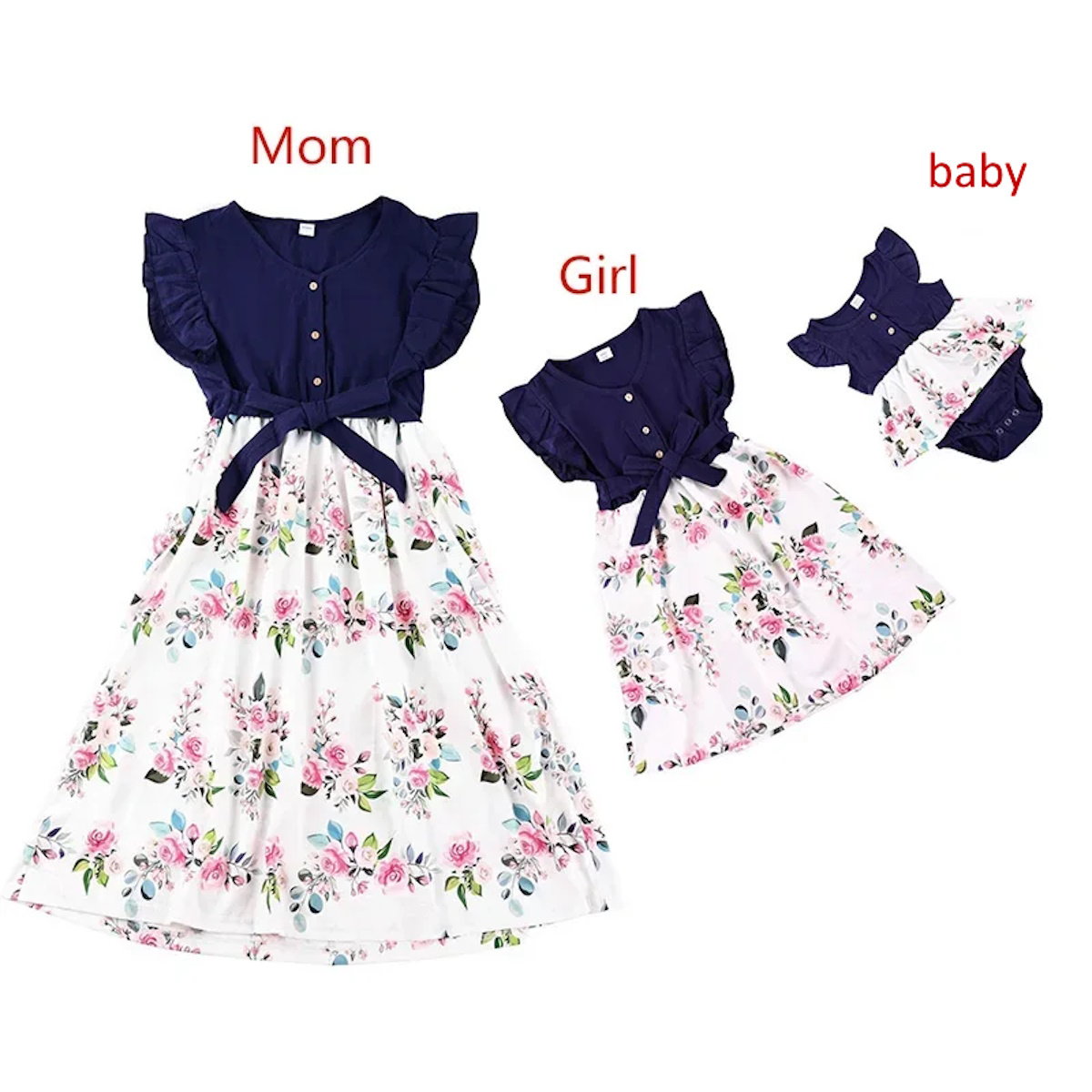 Mommy and Me Dress Summer Floral Midi Dresses Waist Tie Flutter Sleeve Dress for Mom and Daughter - ChildAngle