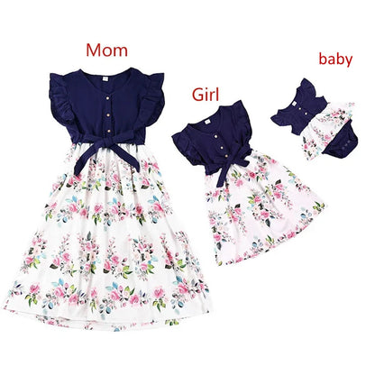 Mommy and Me Dress Summer Floral Midi Dresses Waist Tie Flutter Sleeve Dress for Mom and Daughter - ChildAngle