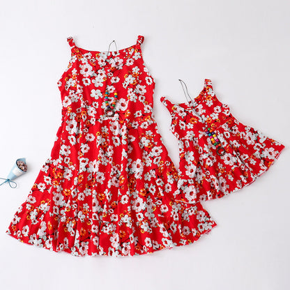 Flower Print Mommy and Me Dresses Sleeveless Ruffle Dresses - ChildAngle