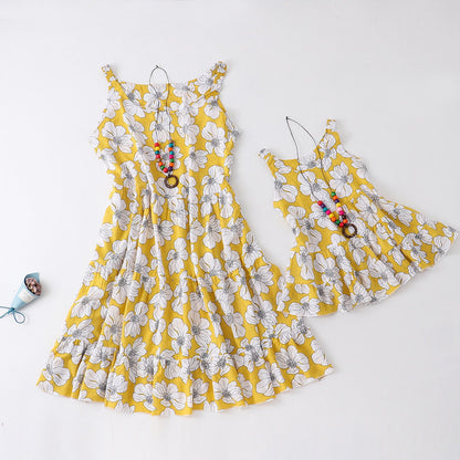 Flower Print Mommy and Me Dresses Sleeveless Ruffle Dresses - ChildAngle
