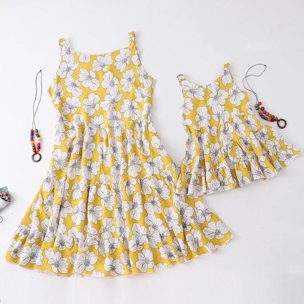 Flower Print Mommy and Me Dresses Sleeveless Ruffle Dresses - ChildAngle