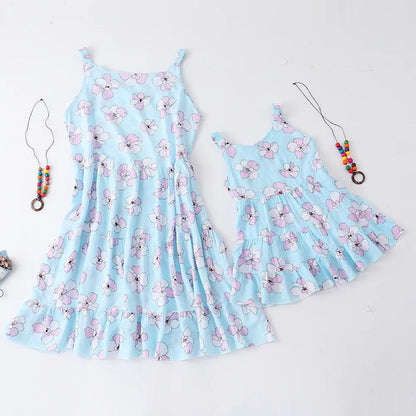Flower Print Mommy and Me Dresses Sleeveless Ruffle Dresses - ChildAngle