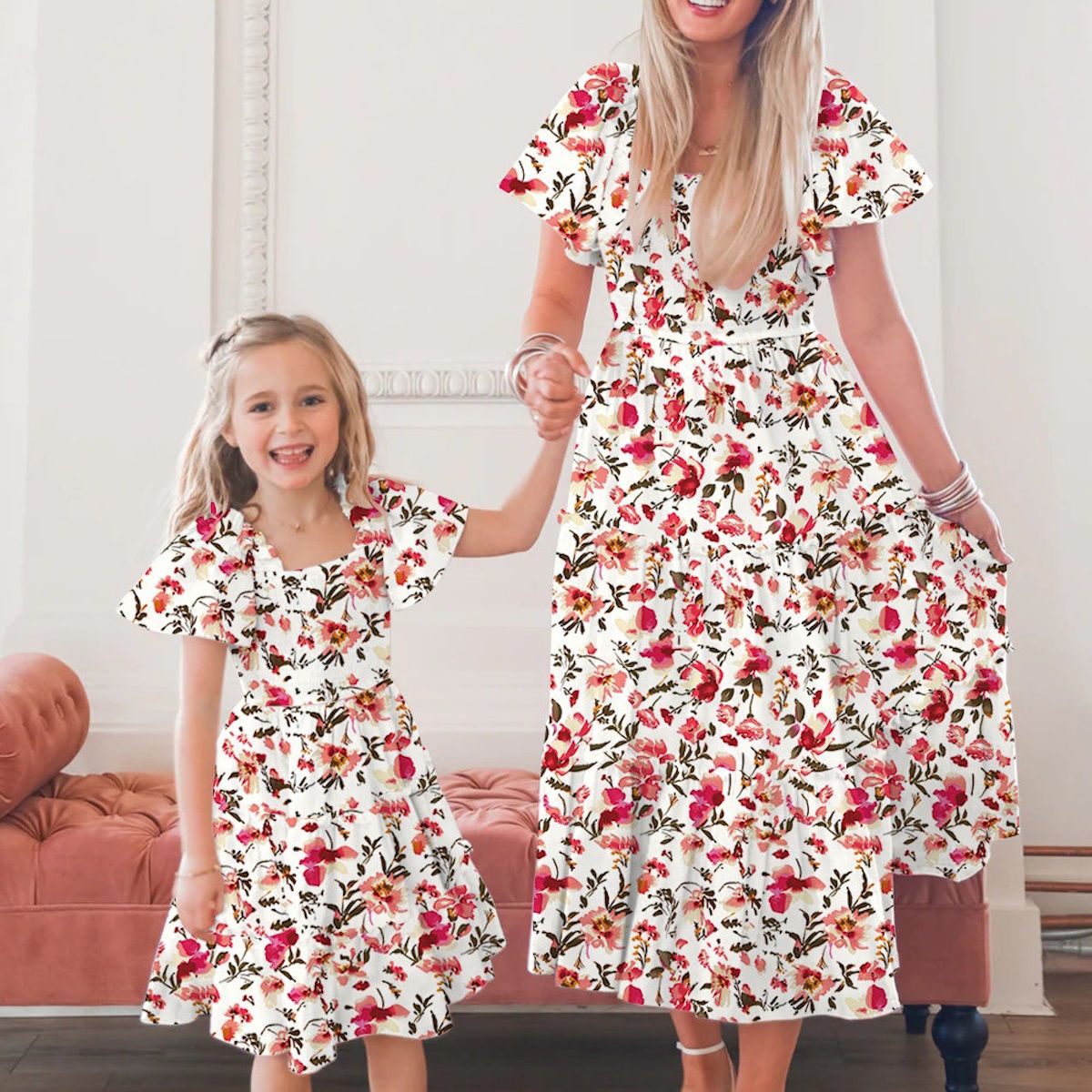 Mommy and Me Floral Ruched Halter Dress for Mother and daughter - ChildAngle