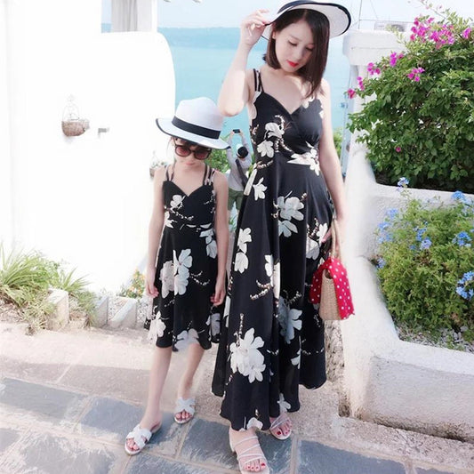 Mommy and Me Matching Dress Black Floral Strappy Maxi Dress - ChildAngle