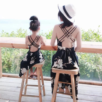 Mommy and Me Matching Dress Black Floral Strappy Maxi Dress - ChildAngle