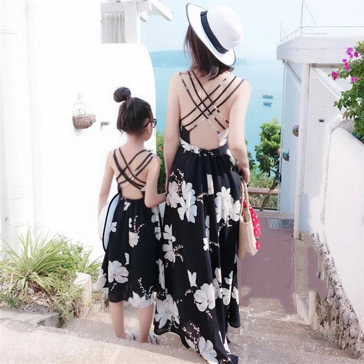 Mommy and Me Matching Dress Black Floral Strappy Maxi Dress - ChildAngle