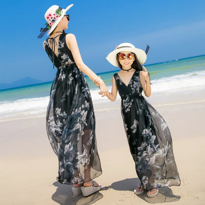 Mommy and Me V Neck Sleeveless Floral Dresses Low Back - ChildAngle
