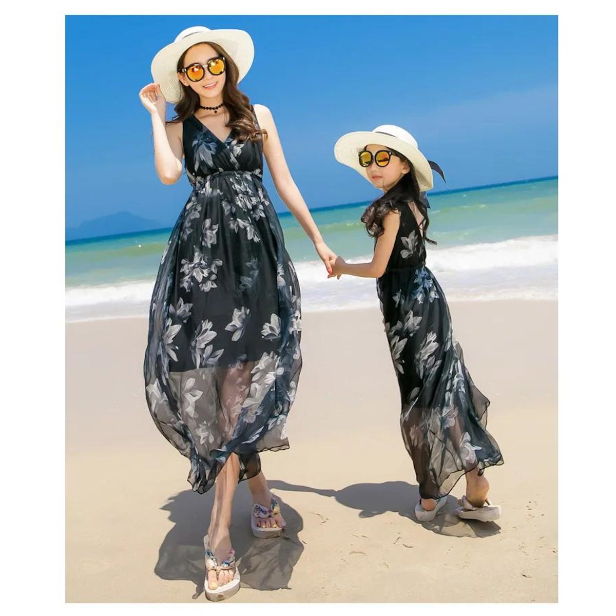 Mommy and Me V Neck Sleeveless Floral Dresses Low Back - ChildAngle