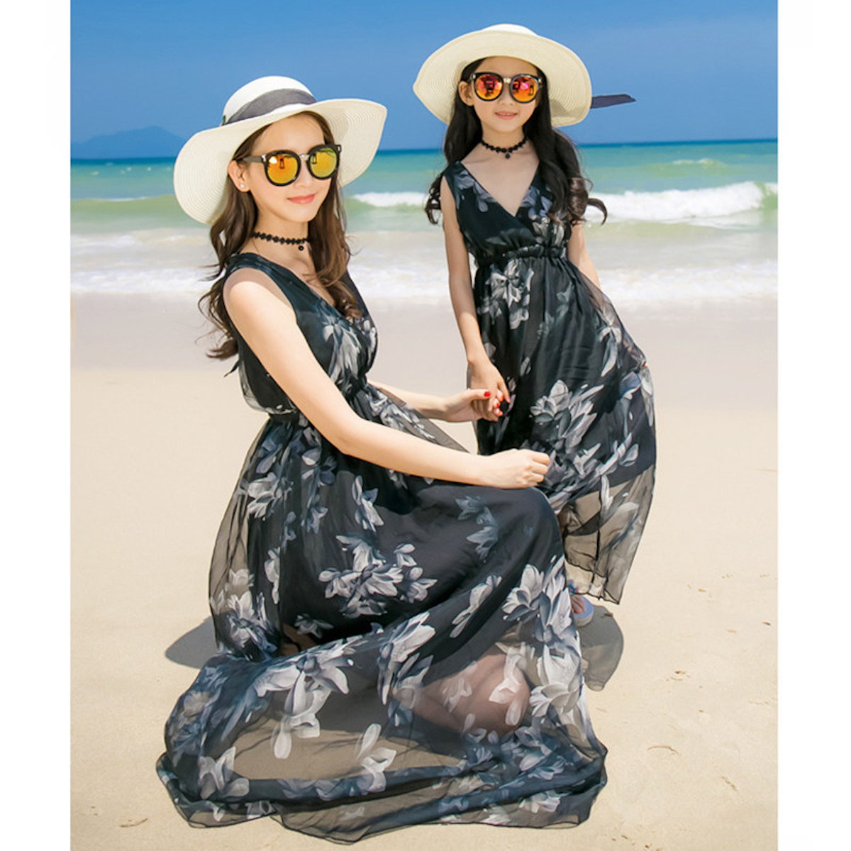 Mommy and Me V Neck Sleeveless Floral Dresses Low Back - ChildAngle