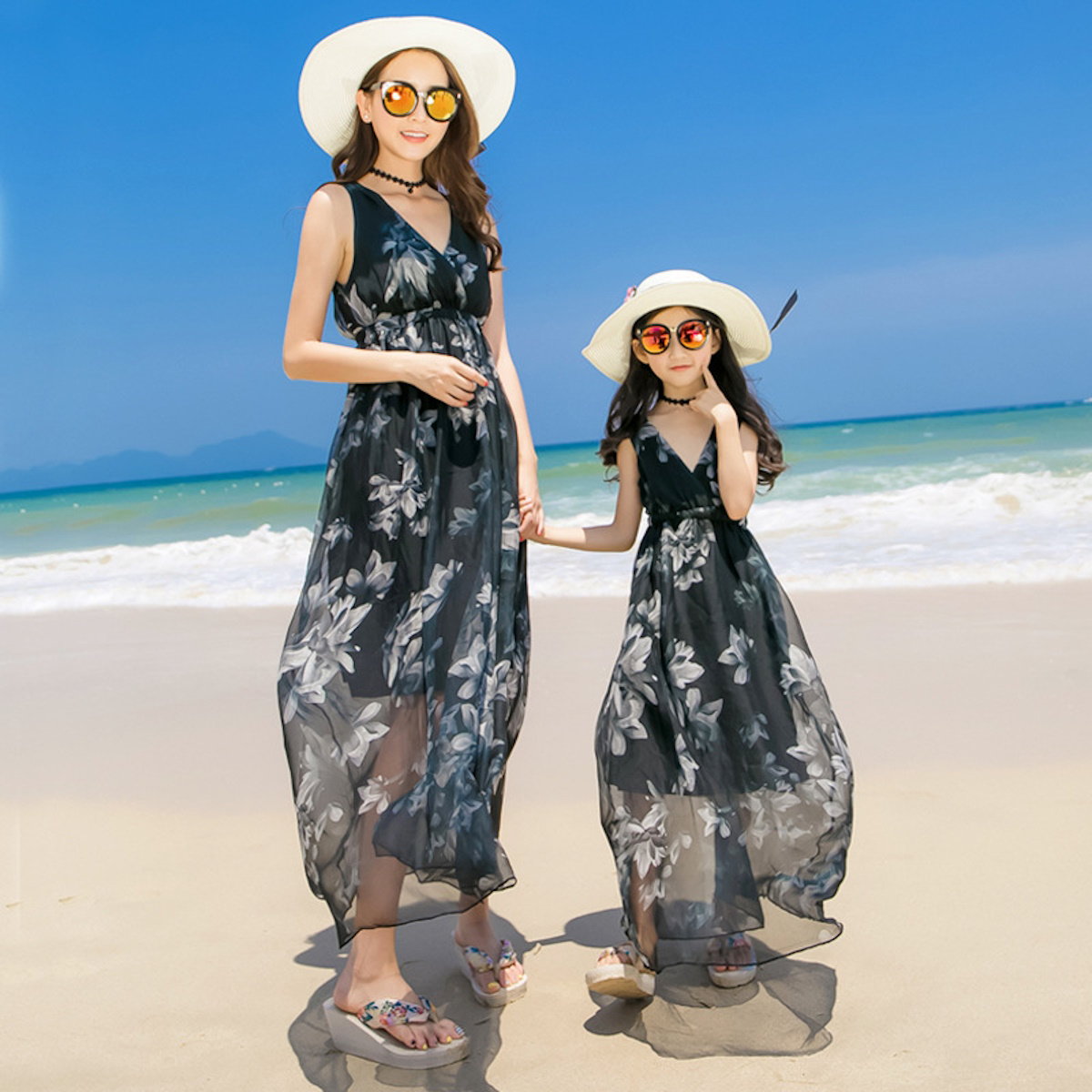 Mommy and Me V Neck Sleeveless Floral Dresses Low Back - ChildAngle
