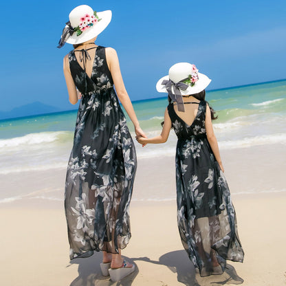 Mommy and Me V Neck Sleeveless Floral Dresses Low Back - ChildAngle
