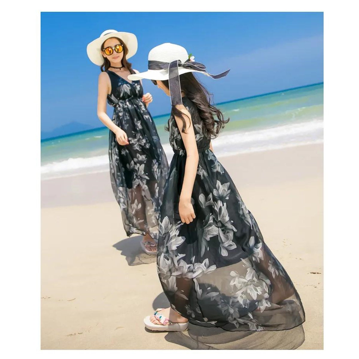 Mommy and Me V Neck Sleeveless Floral Dresses Low Back - ChildAngle