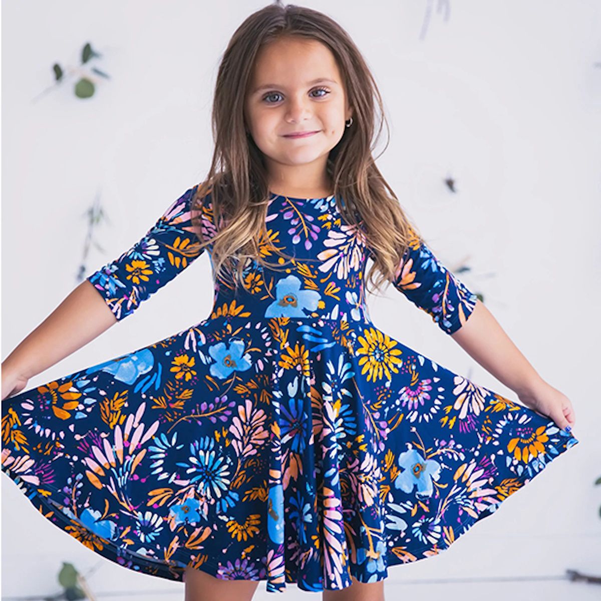 Mommy and Me Matching Dress Blue Elbow Sleeve Floral Midi Dress for Mom and Daughter - ChildAngle