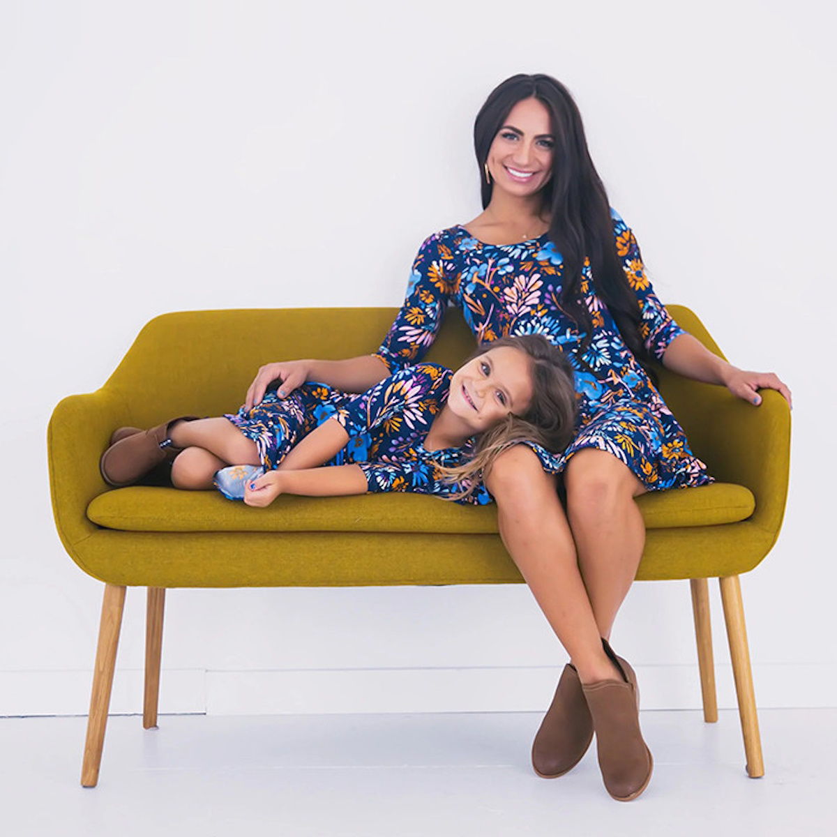 Mommy and Me Matching Dress Blue Elbow Sleeve Floral Midi Dress for Mom and Daughter - ChildAngle