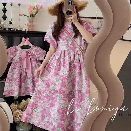 Mommy and Me Matching Dress Flower Print Floral Dress Bowknot Front  - ChildAngle