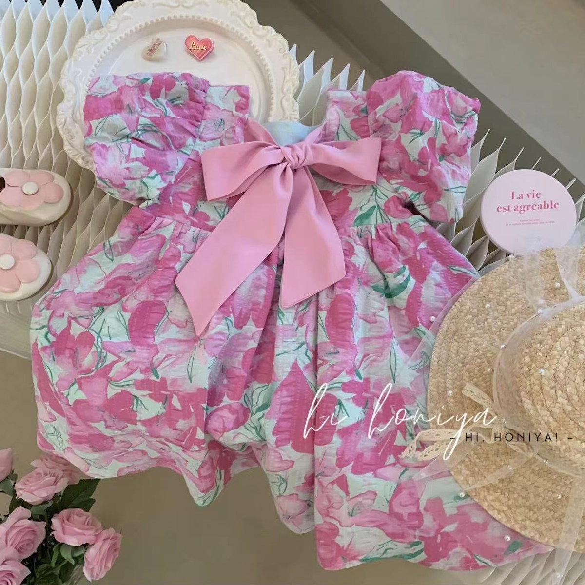 Mommy and Me Matching Dress Flower Print Floral Dress Bowknot Front  - ChildAngle