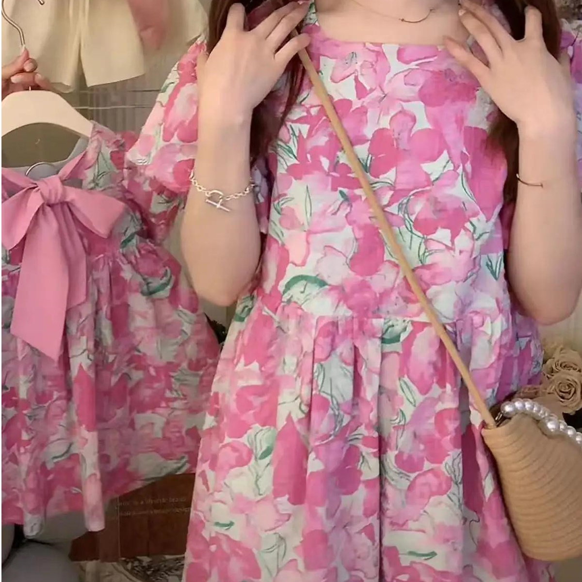 Mommy and Me Matching Dress Flower Print Floral Dress Bowknot Front  - ChildAngle