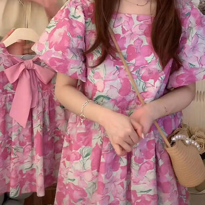 Mommy and Me Matching Dress Flower Print Floral Dress Bowknot Front  - ChildAngle