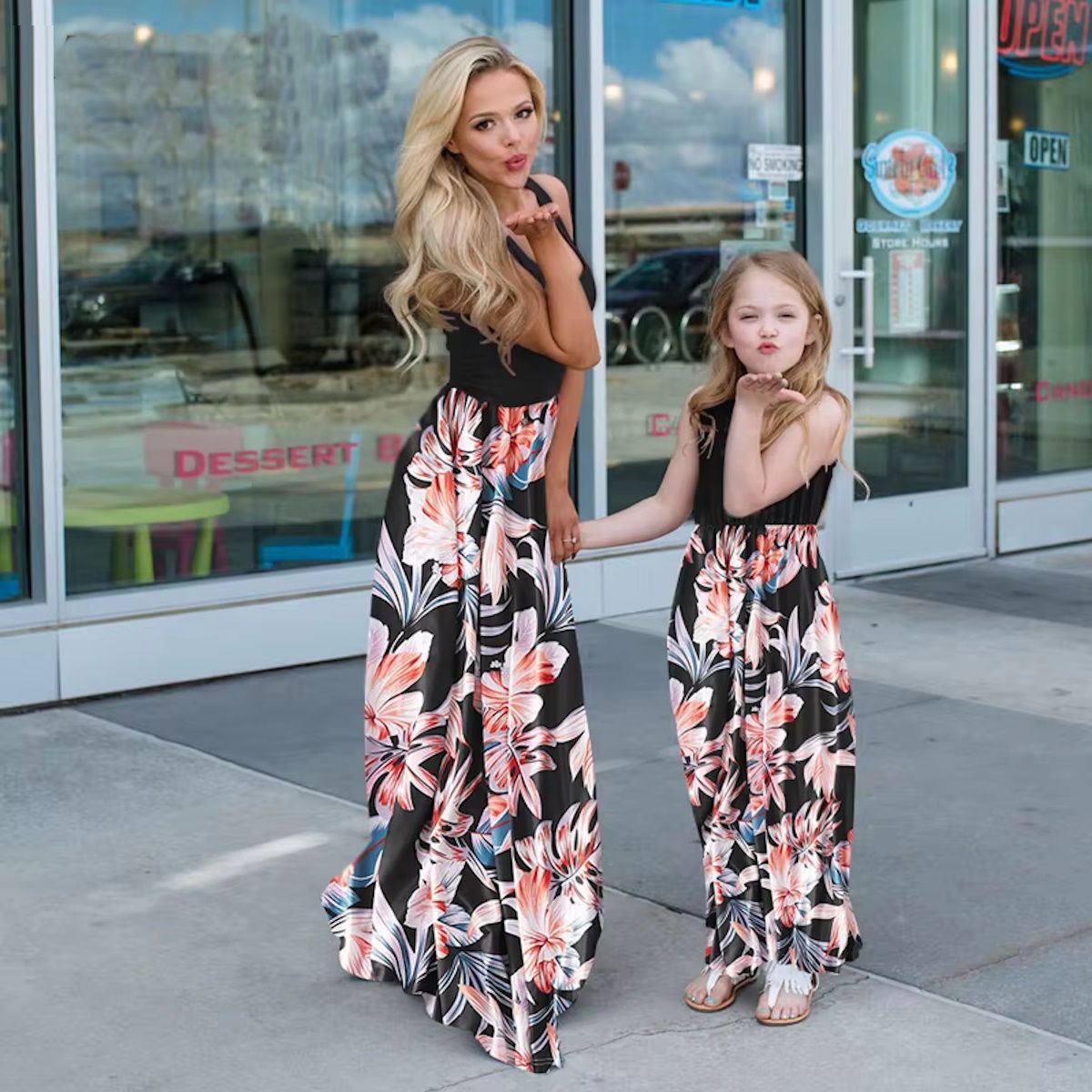 Floral Maxi Dress Matching Family Dress Black for Mommy and Me Matching ChildAngle Floral Maxi Dress Matching Family Dress Black for Mommy and Me Matching ChildAngle