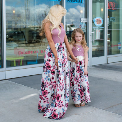 Mommy and Me Dress Floral Print Tank Top Maxi Dress - ChildAngle