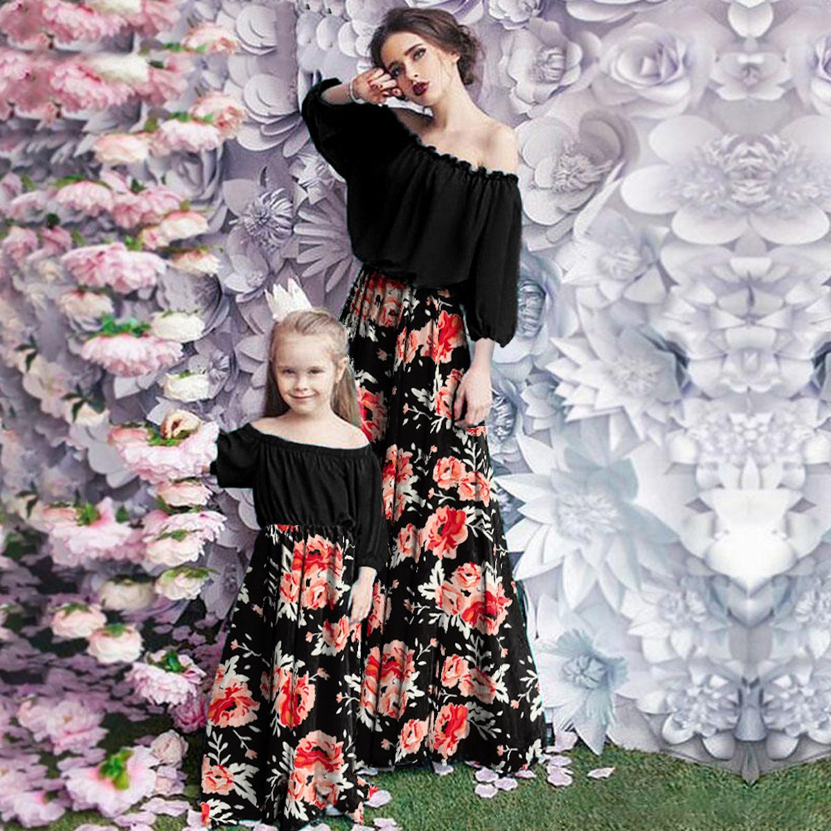 Family Matching Dress Black Floral Maxi Dress for Mommy and Me Matching Outfits - ChildAngle