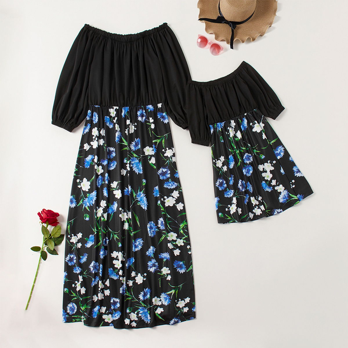 Family Matching Dress Black Floral Maxi Dress for Mommy and Me Matching Outfits - ChildAngle