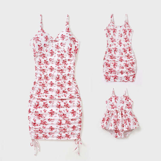 Mommy and Me Matching Dress Floral Print Strappy Bodycon Drawstring Dress Mother and Daughter Matching Vacation Outfits - ChildAngle