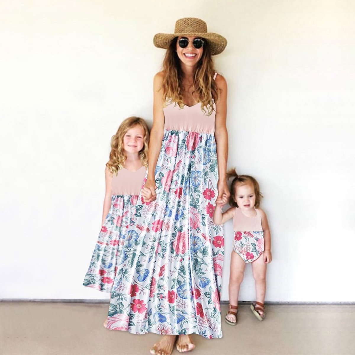 Pink Mommy and Me Dresses Sleeveless Floral Strap Dresses - ChildAngle