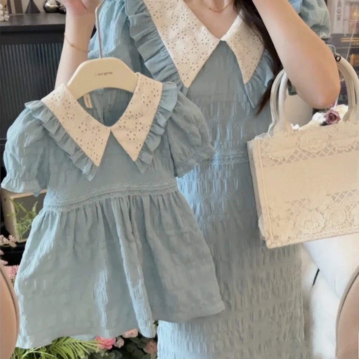 Mutter-Tochter-Kleid, mintfarbenes Rüschenkleid für Mutter und Tochter