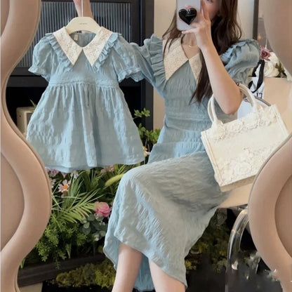 Mutter-Tochter-Kleid, mintfarbenes Rüschenkleid für Mutter und Tochter