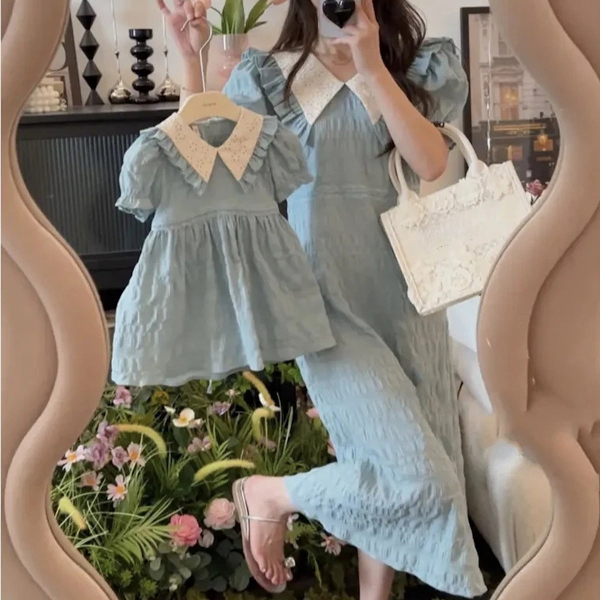 Mutter-Tochter-Kleid, mintfarbenes Rüschenkleid für Mutter und Tochter