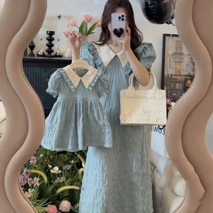 Mutter-Tochter-Kleid, mintfarbenes Rüschenkleid für Mutter und Tochter