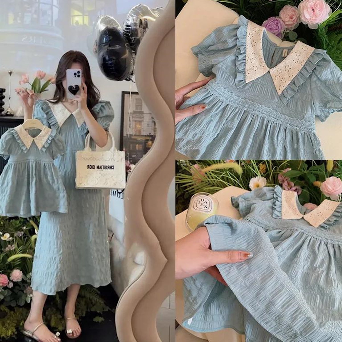 Mutter-Tochter-Kleid, mintfarbenes Rüschenkleid für Mutter und Tochter