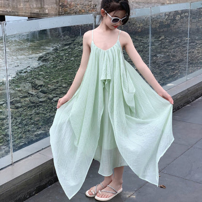 Mommy and Me Green Solid Color Low Back Shoulder Strap Slip Dress for Mother and Daughter - ChildAngle