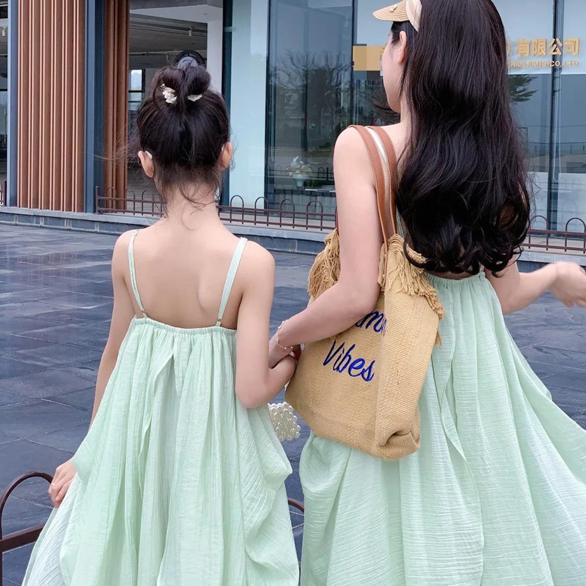 Mommy and Me Green Solid Color Low Back Shoulder Strap Slip Dress for Mother and Daughter - ChildAngle