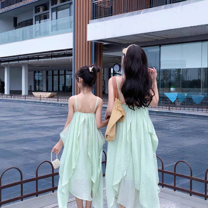 Mommy and Me Green Solid Color Low Back Shoulder Strap Slip Dress for Mother and Daughter - ChildAngle